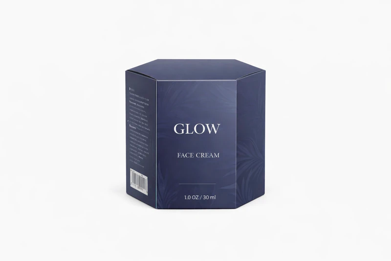 Navy blue custom hexagon card box for face cream packaging with clean minimal printed branding design