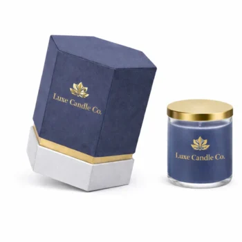 Luxury custom hexagon rigid box for candle packaging with gold foil branding and matching jar presentation