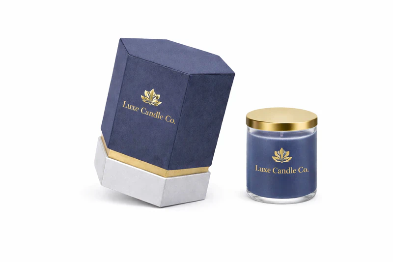 Luxury custom hexagon rigid box for candle packaging with gold foil branding and matching jar presentation