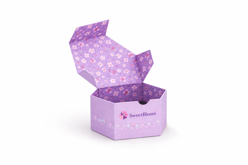 Purple custom hexagon rigid box with folding lid and floral print design for gift and chocolate packaging