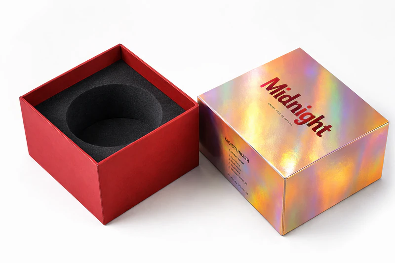 Custom holographic gift box with iridescent finish and insert for luxury retail packaging