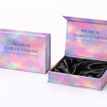Custom holographic hair extension boxes with premium finish featuring iridescent foil lamination and luxury rigid packaging design
