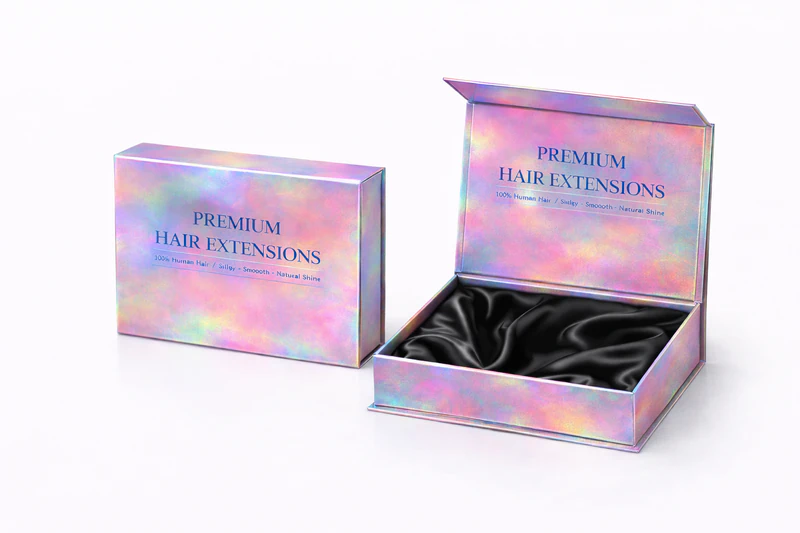 Custom holographic hair extension boxes with premium finish featuring iridescent foil lamination and luxury rigid packaging design