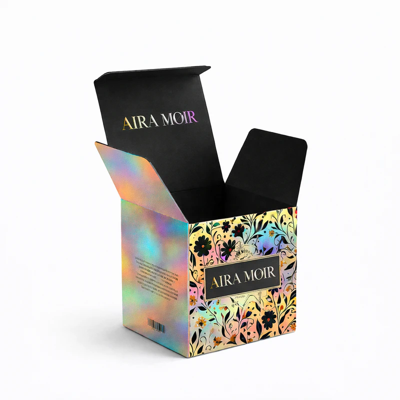 Custom holographic skincare packaging box with floral design iridescent cosmetic carton packaging