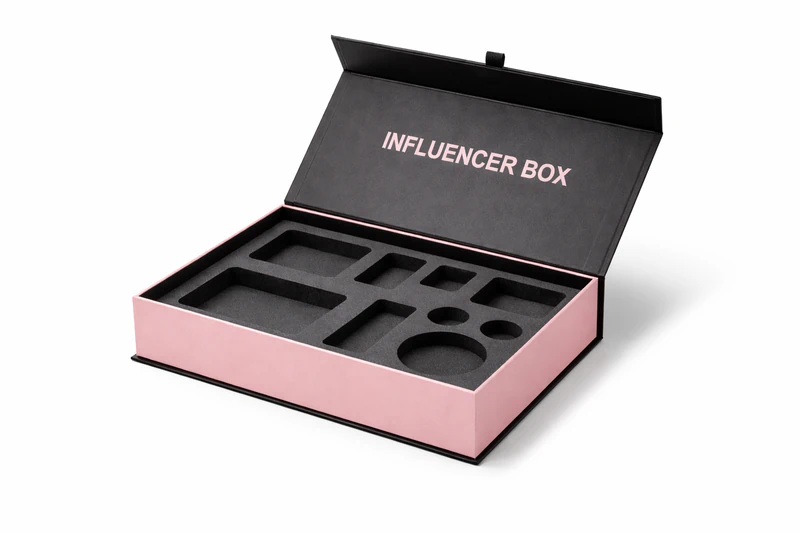 Stylish pink influencer box with magnetic closure and foam insert for beauty PR packaging and brand promotion, Influencer Boxes