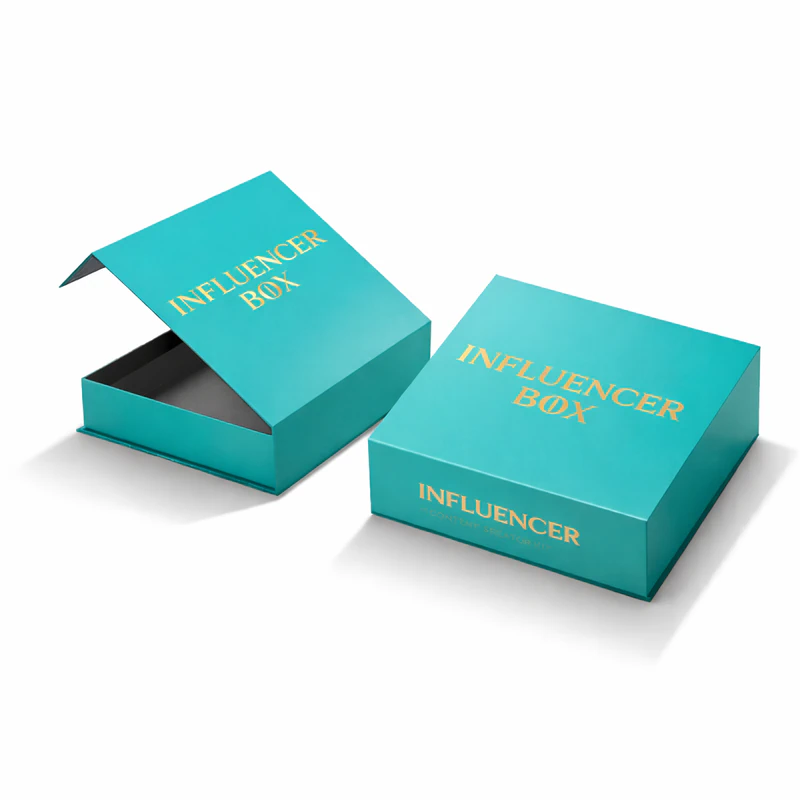 Teal custom influencer box with rigid design and gold foil branding for premium product packaging and PR kits, Influencer Boxes