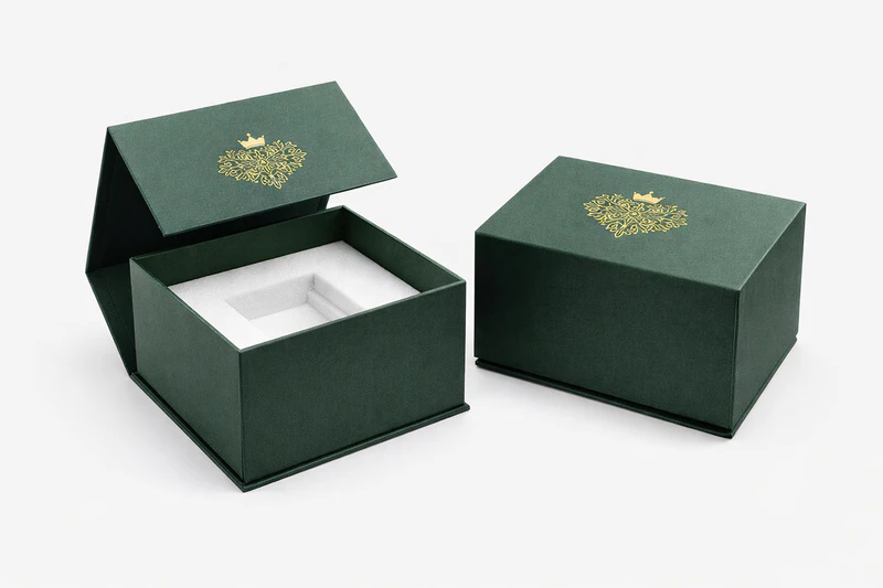Premium dark green custom jewelry box with magnetic closure and soft insert for elegant jewelry packaging solutions, Custom Jewelry Boxes