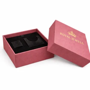 Luxury rigid jewelry box in red with black velvet insert for premium necklace and ring packaging