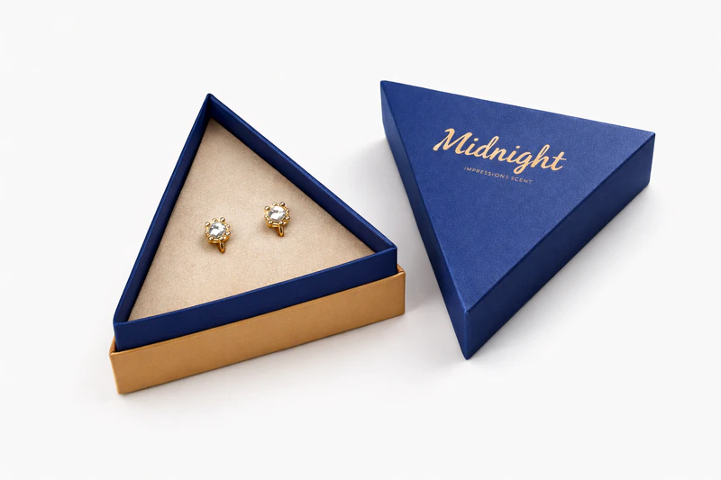 Unique triangle custom jewelry box with soft insert for elegant earring packaging and premium presentation, Custom Jewelry Boxes