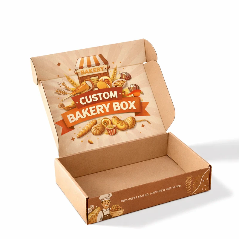 Kraft bakery mailer box with custom printed interior design for food delivery and branding, Custom Bakery Mailer Box