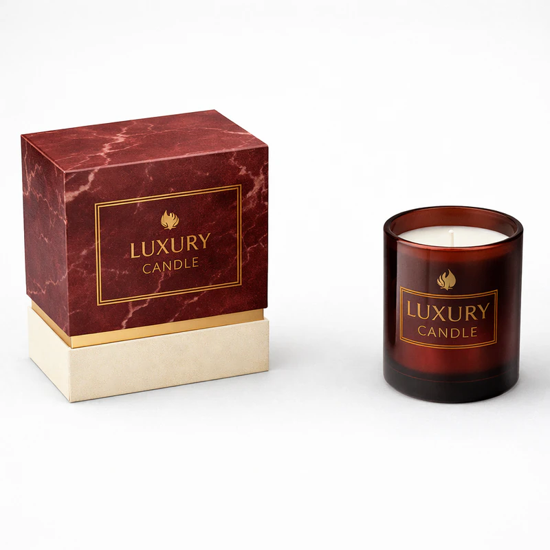 Luxury rigid candle box with marble texture design and gold foil logo for premium candle packaging, Luxury Candle Rigid Box