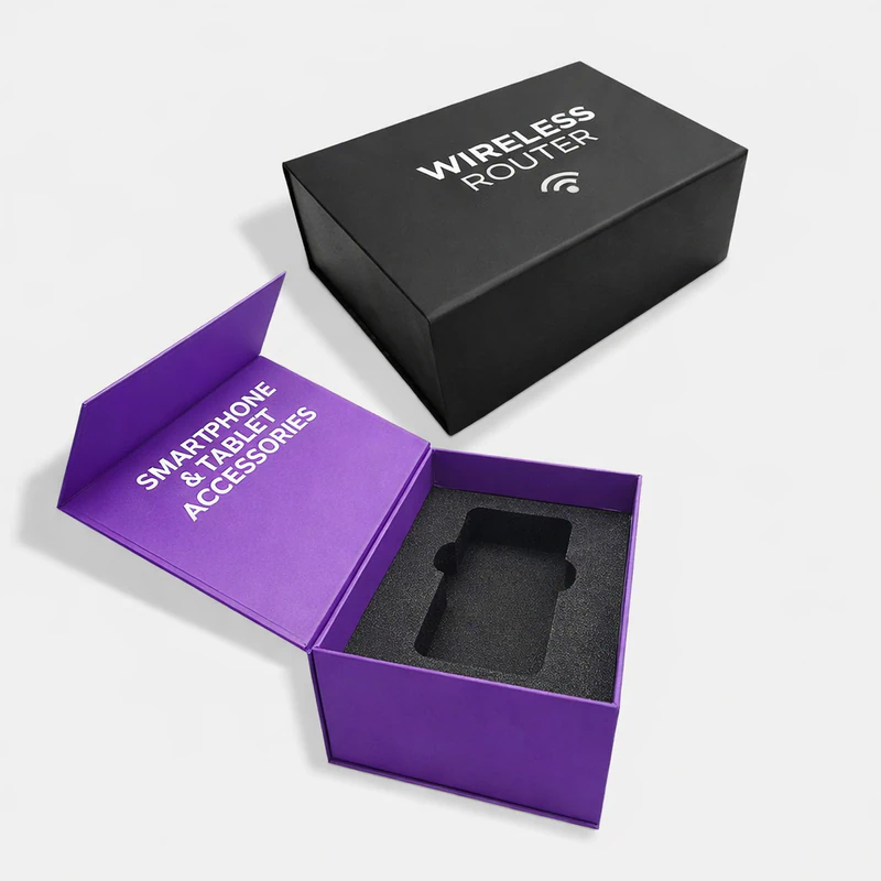 Purple magnetic closure box with foam insert for electronics packaging and secure product display, Magnetic Closure Boxes