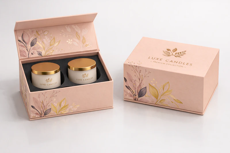 Pink magnetic rigid candle gift box with dual jar insert for premium candle packaging presentation, Candle Gift Box with Insert