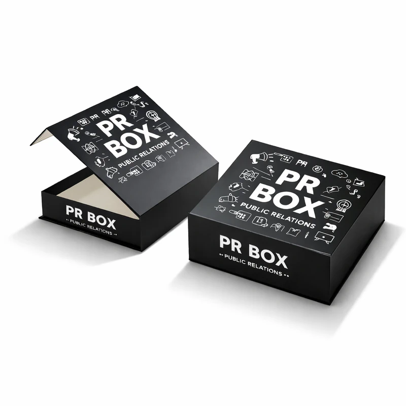 Black custom PR box with printed branding and magnetic closure for influencer kits and premium packaging, PR Boxes Black Magnetic