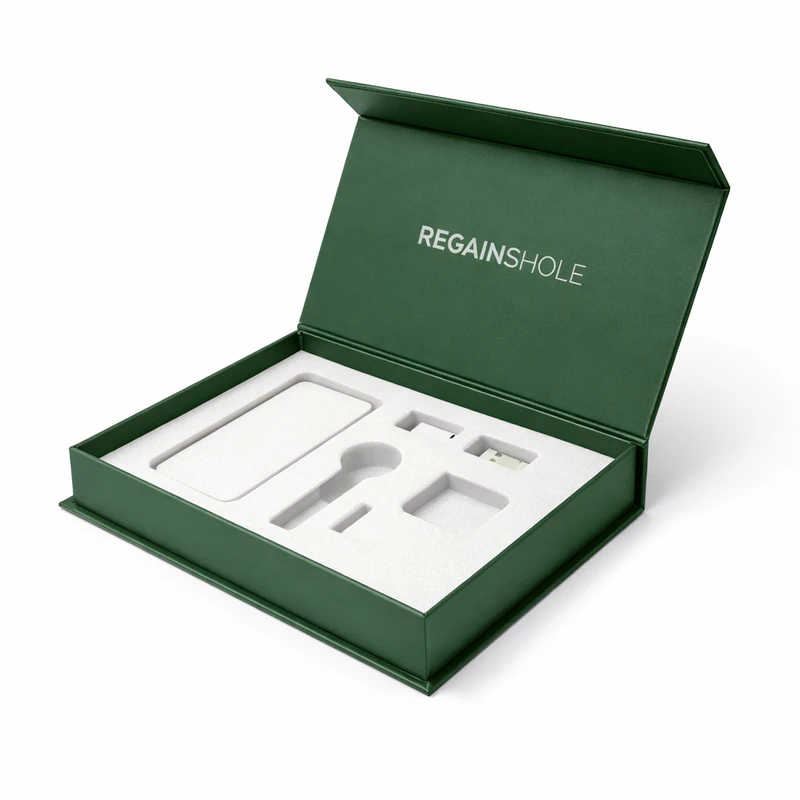 Green custom PR box with magnetic closure and custom insert for influencer kits and product display packaging, PR Boxes Green Insert