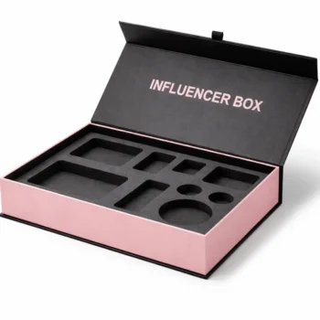 Custom PR magnetic closure box in black and pink with foam insert for influencer and retail packaging