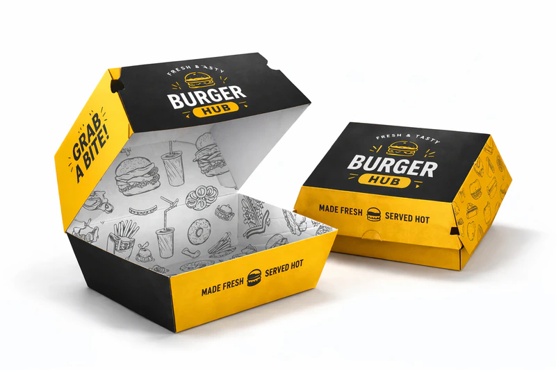 Custom retail boxes for burger packaging with printed design for fast food takeaway and branding