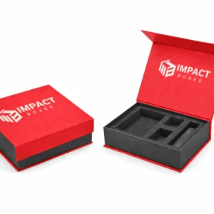 Luxury rigid box in red and black with foam insert for secure premium product packaging solutions