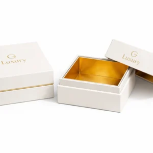 Luxury shoulder neck rigid box in white with gold foil logo and premium inner lining for high-end product packaging, Shoulder Neck Rigid Box