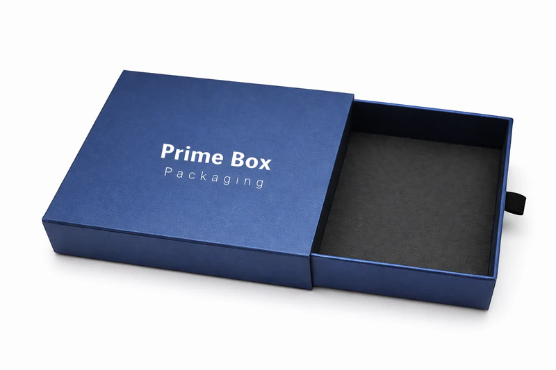 Blue custom slide match style box with pull-out drawer for elegant product packaging and branding, Custom Slide Match Style Boxes