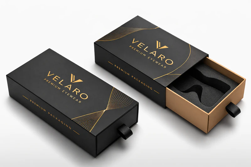 Luxury custom slide drawer box for eyewear packaging with foam insert and premium printed design, Custom Slide Match Style Boxes