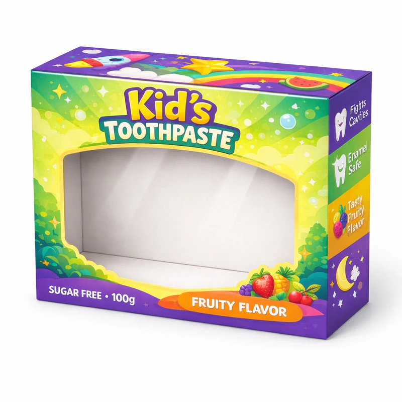 Kids toothpaste packaging box with colorful cartoon design and window cut for retail display, Kids Product Packaging Box