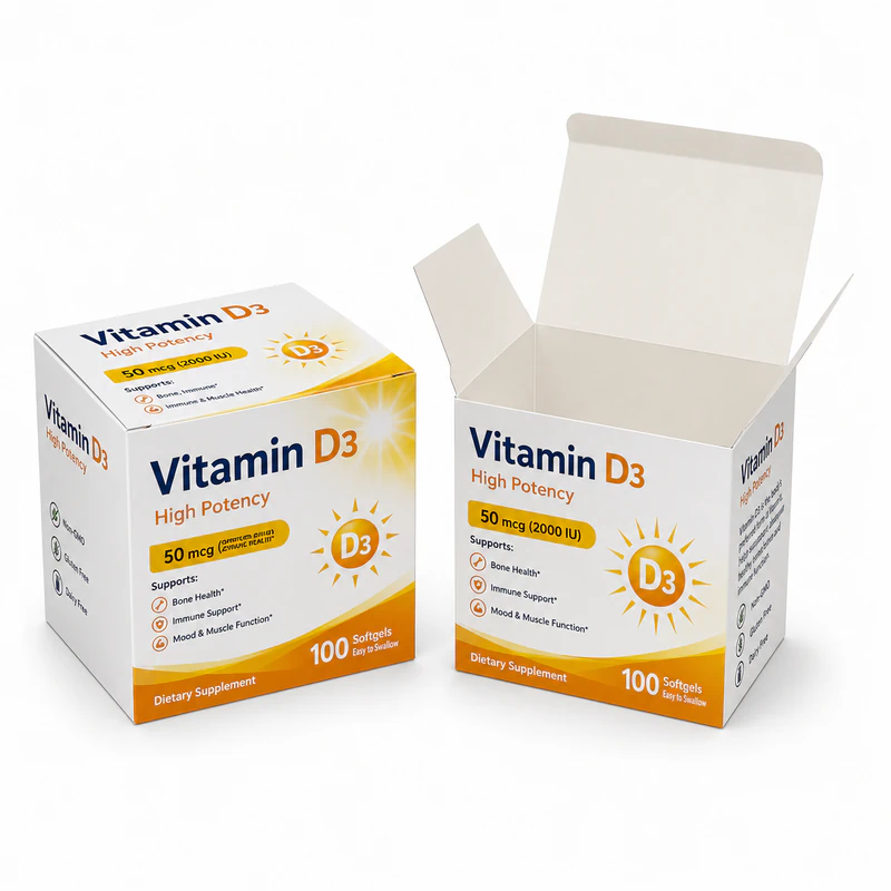 Custom vitamin D3 supplement medicine boxes with open and closed pharmaceutical carton packaging