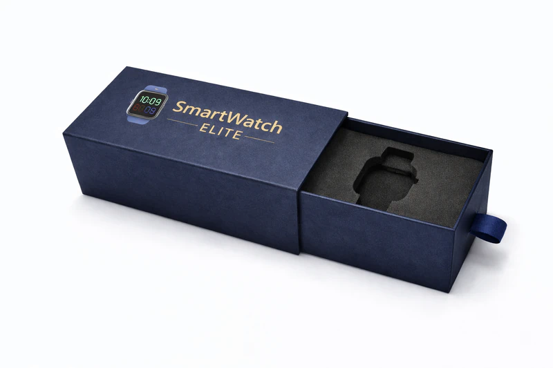 Custom slide drawer watch box for smartwatch packaging with foam insert and premium printed design, Custom Watch Boxes