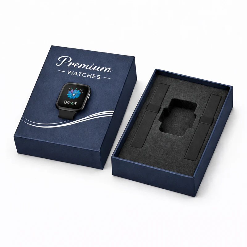 Elegant blue custom rigid watch box with foam insert for smartwatch packaging and retail display, Custom Watch Boxes