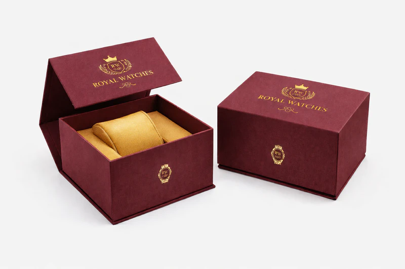 Premium maroon custom watch box with magnetic lid and soft cushion for luxury watch packaging and presentation, Custom Watch Boxes
