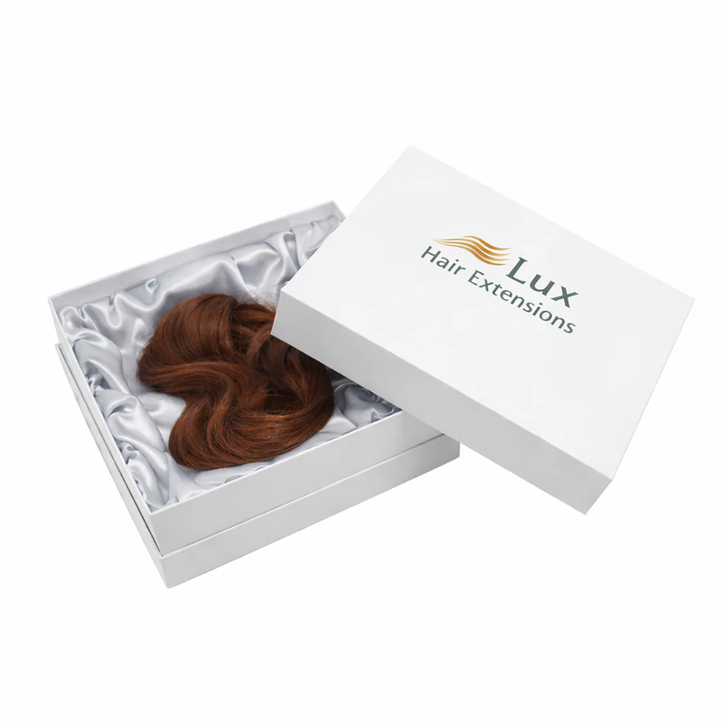 Luxury rigid hair extension box with logo satin interior premium beauty packaging solution