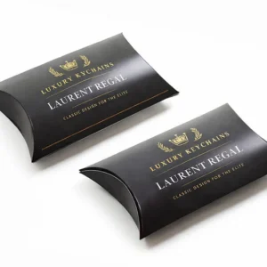 Luxury pillow box in black printed design for keychain packaging premium small product gift packaging