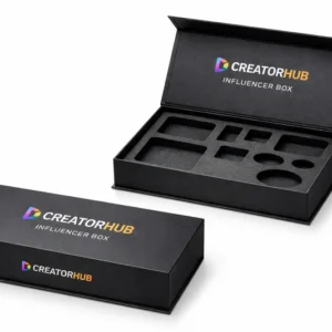 Premium rigid magnetic closure box in black with printed branding and foam insert for influencer and product packaging