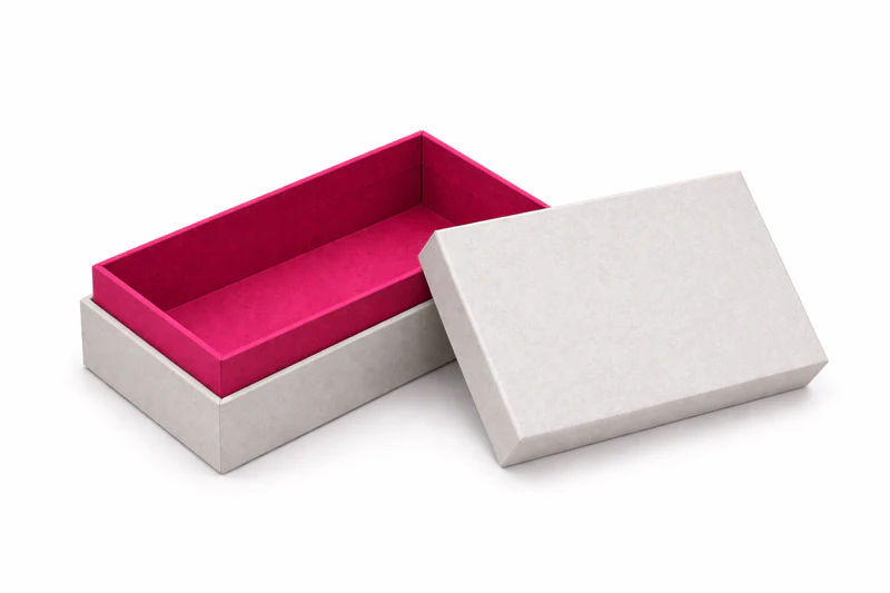Rectangular shoulder neck rigid box with open lid and vibrant interior for luxury packaging