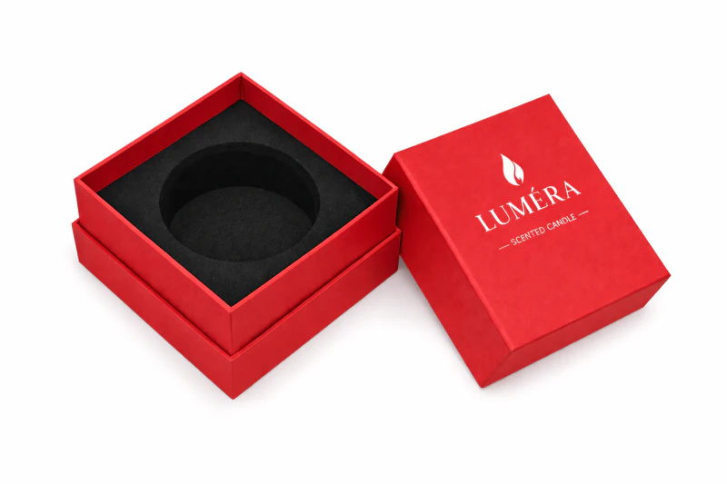 Red shoulder neck rigid candle box with black foam insert for premium packaging presentation