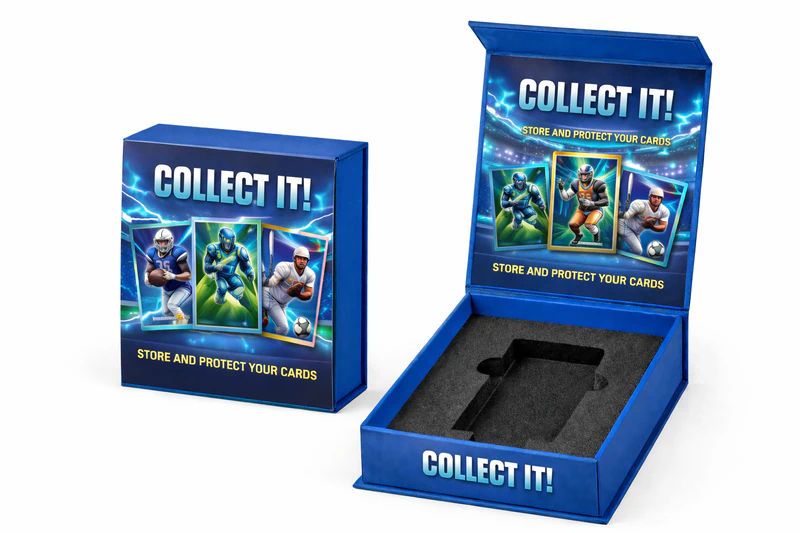 Blue magnetic rigid sports card box with foam insert designed for storing and protecting collectible trading cards