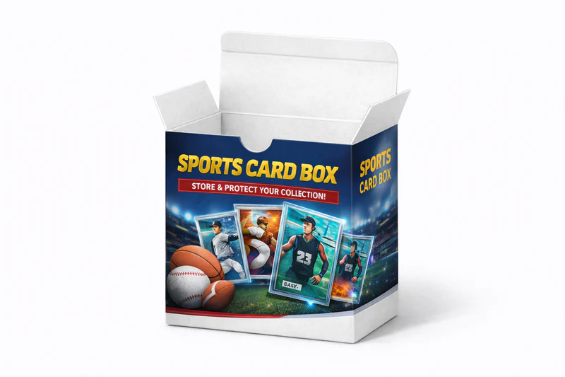 Printed sports card box folding carton style with tuck top lid for retail display and card storage