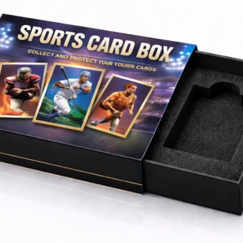 Black slide drawer rigid sports card box with ribbon pull and foam insert for premium card storage packaging