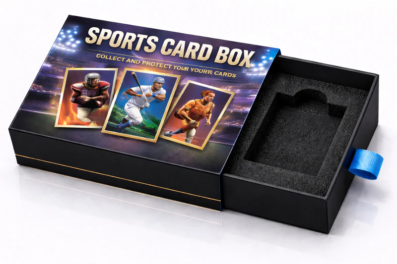 Black slide drawer rigid sports card box with ribbon pull and foam insert for premium card storage packaging