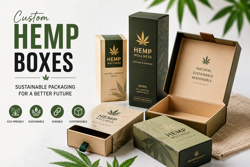Custom hemp boxes with eco-friendly sustainable packaging design for CBD, wellness, and retail brands in the USA.