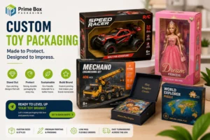 Custom toy packaging featuring Barbie doll boxes, Meccano construction toy boxes, puzzle packaging, and premium printed toy boxes for USA toy brands.