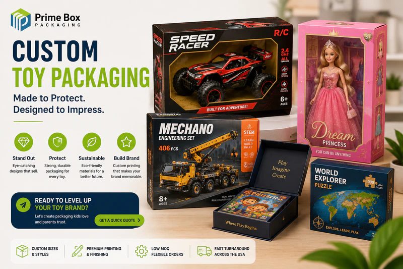 Custom toy packaging featuring Barbie doll boxes, Meccano construction toy boxes, puzzle packaging, and premium printed toy boxes for USA toy brands.