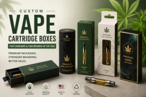 Custom vape cartridge boxes for cannabis and CBD brands in the USA featuring child-resistant packaging, premium printing, and custom branding solutions.