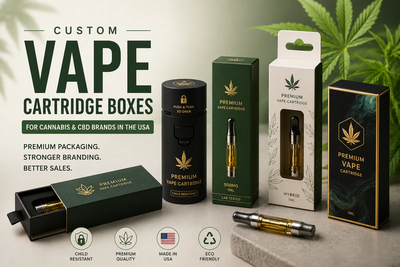 Custom vape cartridge boxes for cannabis and CBD brands in the USA featuring child-resistant packaging, premium printing, and custom branding solutions.