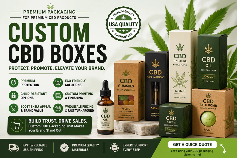 Premium Custom CBD Boxes with sustainable packaging, child-resistant design, and custom printing solutions for CBD brands in the USA.