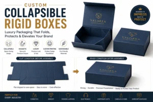 Custom collapsible rigid boxes shown in flat and assembled conditions with premium magnetic closure packaging