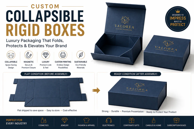 Custom collapsible rigid boxes shown in flat and assembled conditions with premium magnetic closure packaging