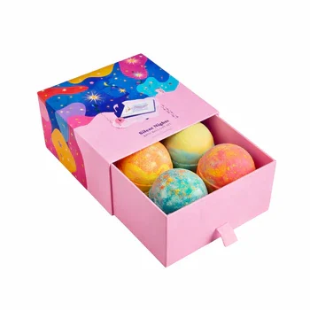 Custom bath bomb drawer style box with ribbon pull and multiple bath bombs inside for premium gifting