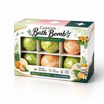 Custom bath bomb box with window and divider insert holding six bath bombs for retail packaging