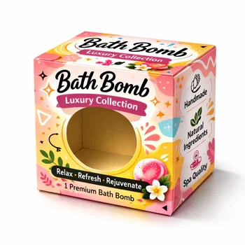 Custom bath bomb boxes with die cut window and colorful printed design for retail product display